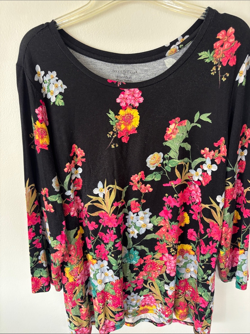 Essentials Black Long-Sleeve Floral Tee - Pink, Yellow & White